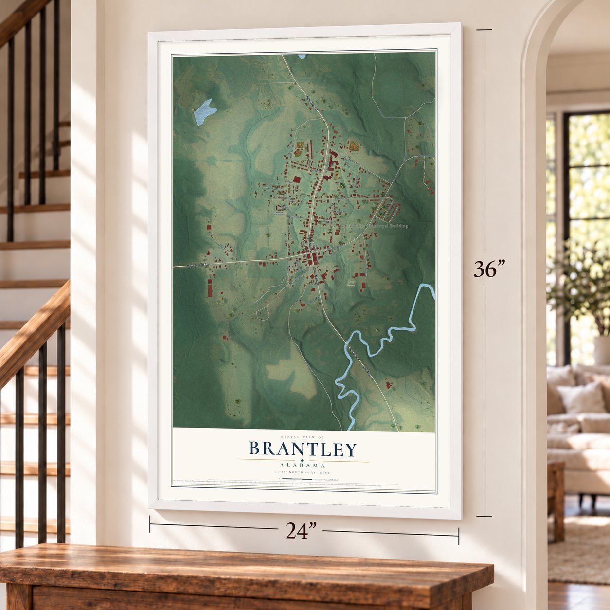 Brantley, Alabama map, 24 x 36 inch print in a white frame by a staircase