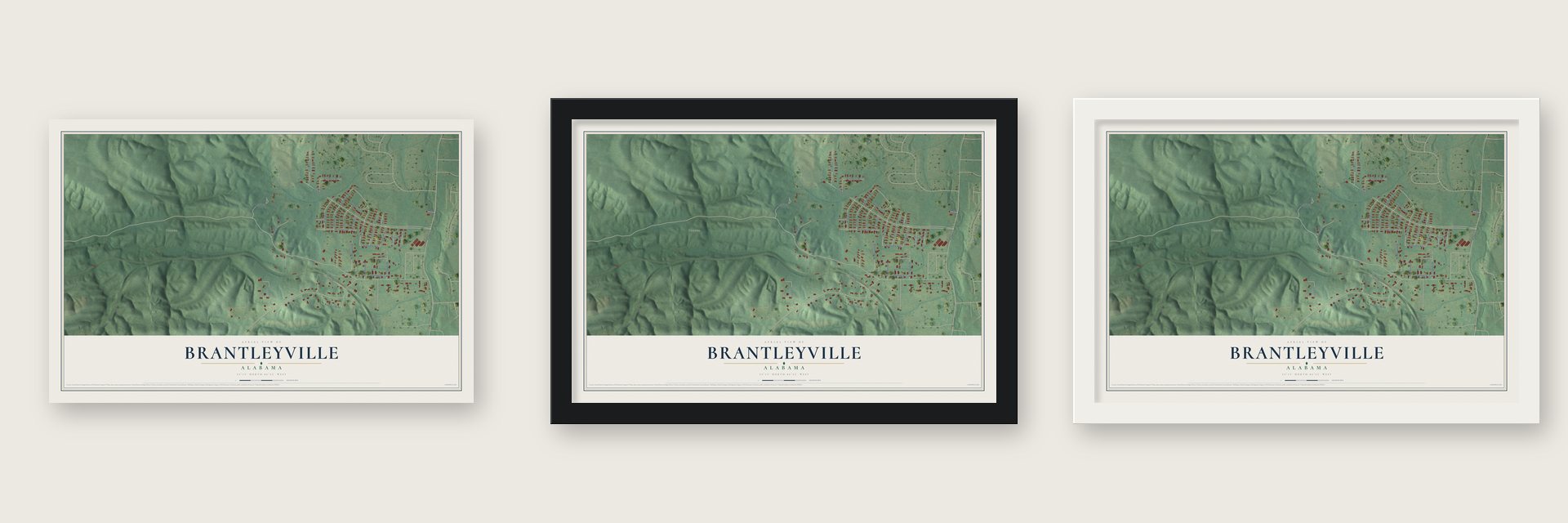 Brantleyville, Alabama map unframed, in a black wood frame and in a white wood frame