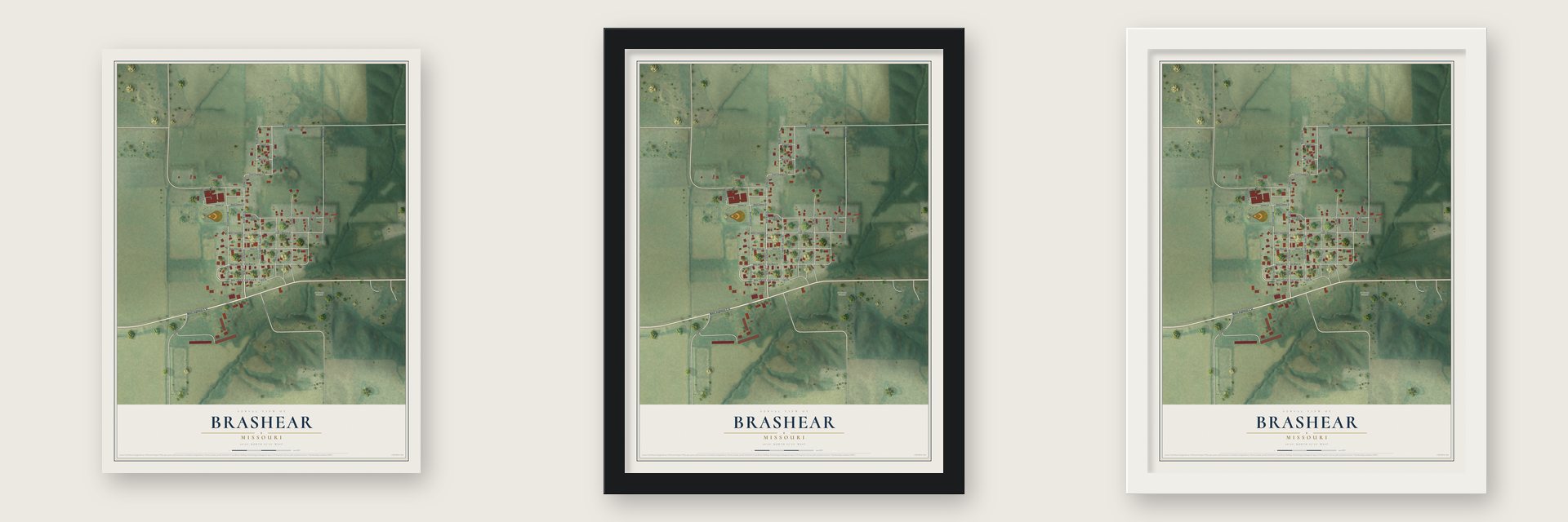 Brashear, Missouri map unframed, in a black wood frame and in a white wood frame