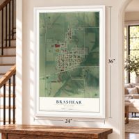 Brashear, Missouri map, 24 x 36 inch print in a white frame by a staircase