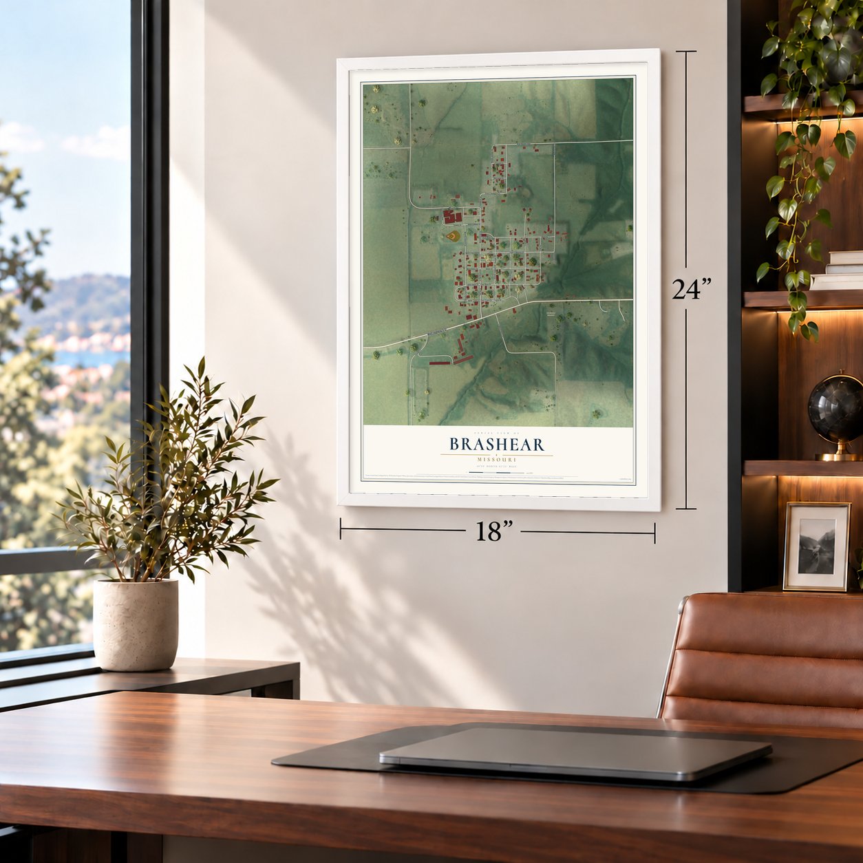 Brashear, Missouri map, 18 x 24 inch print in a white frame in a home office
