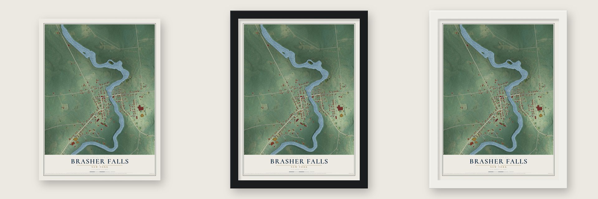 Brasher Falls, New York map unframed, in a black wood frame and in a white wood frame