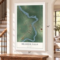 Brasher Falls, New York map, 24 x 36 inch print in a white frame by a staircase