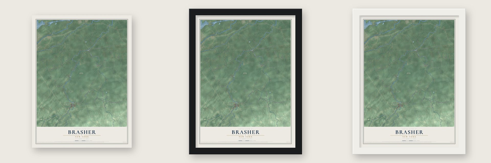 Brasher, New York map unframed, in a black wood frame and in a white wood frame