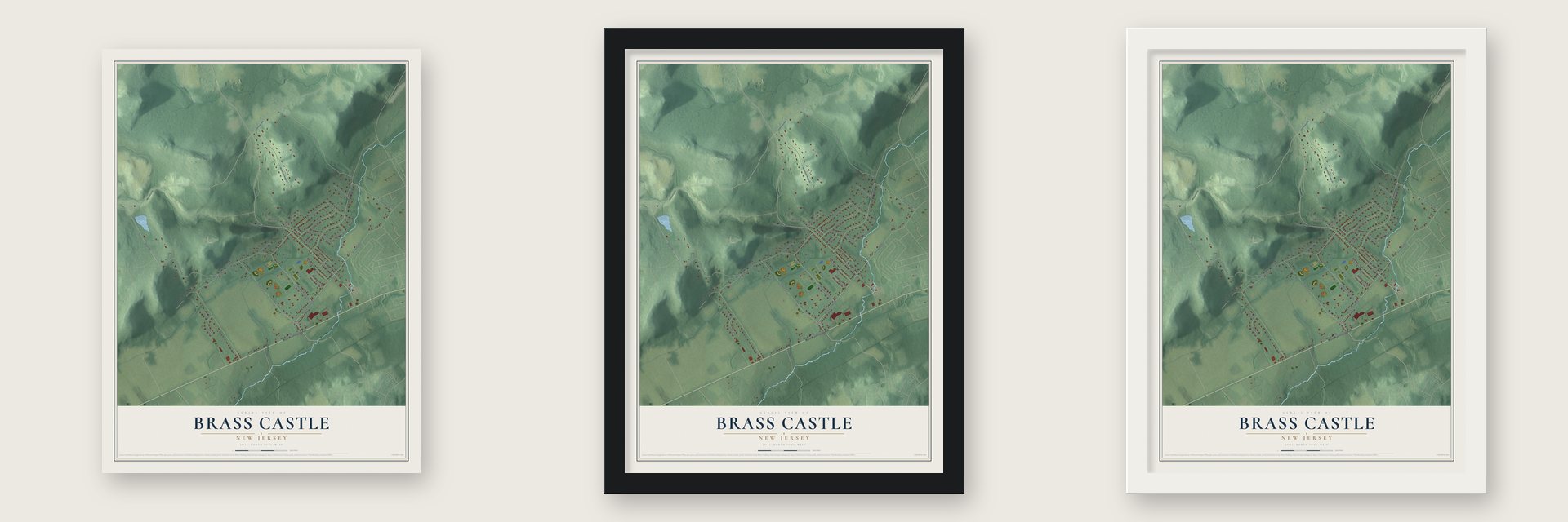 Brass Castle, New Jersey map unframed, in a black wood frame and in a white wood frame