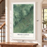 Brass Castle, New Jersey map, 24 x 36 inch print in a white frame by a staircase