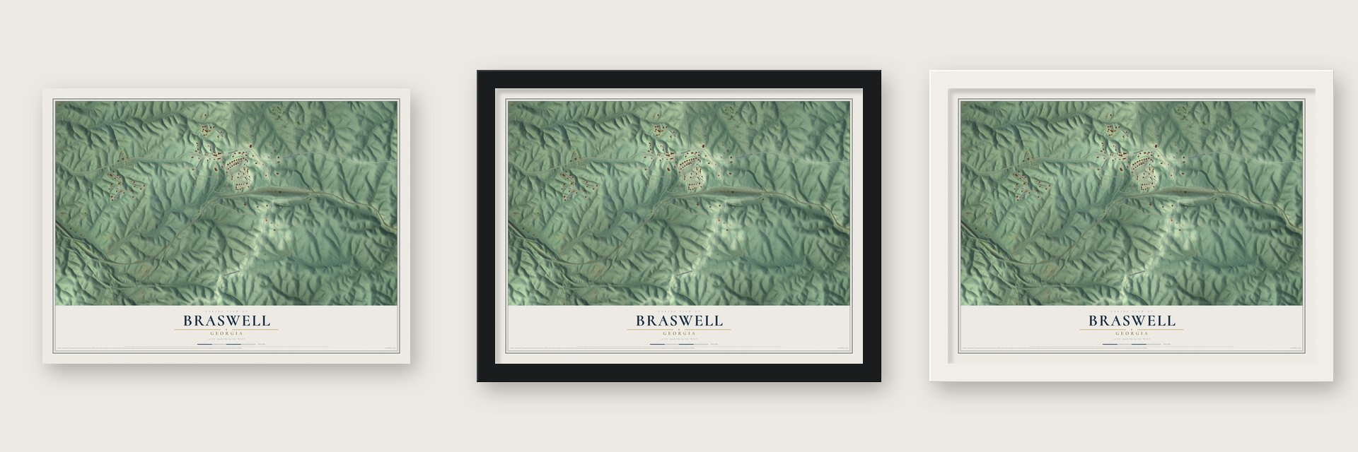 Braswell, Georgia map unframed, in a black wood frame and in a white wood frame