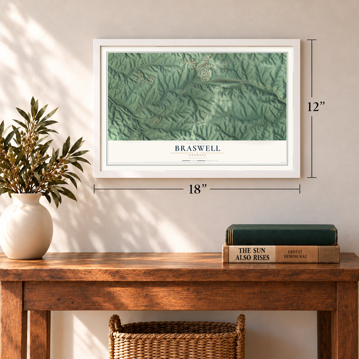 Braswell, Georgia map, 12 x 18 inch print in a white frame in an entryway