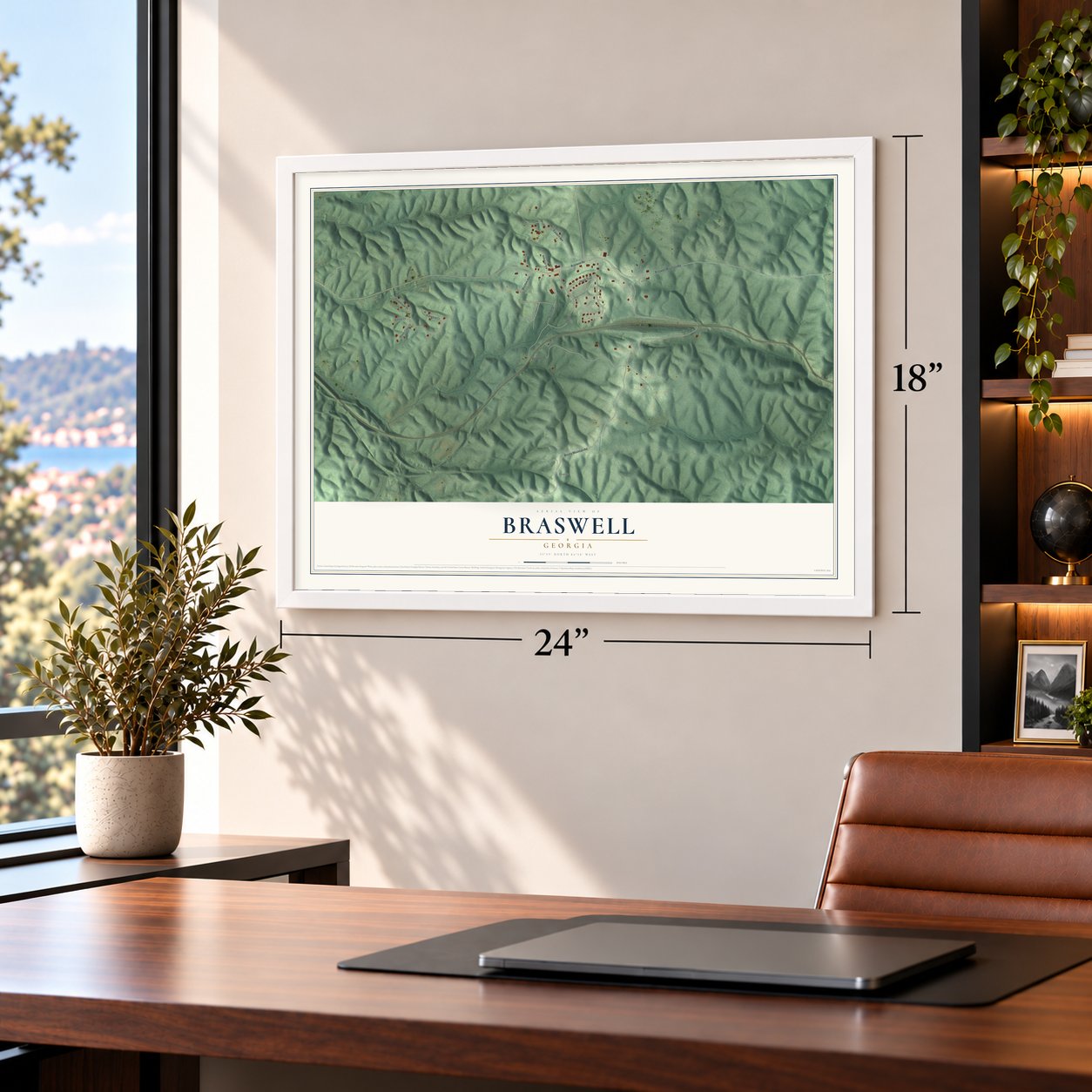 Braswell, Georgia map, 18 x 24 inch print in a white frame in a home office