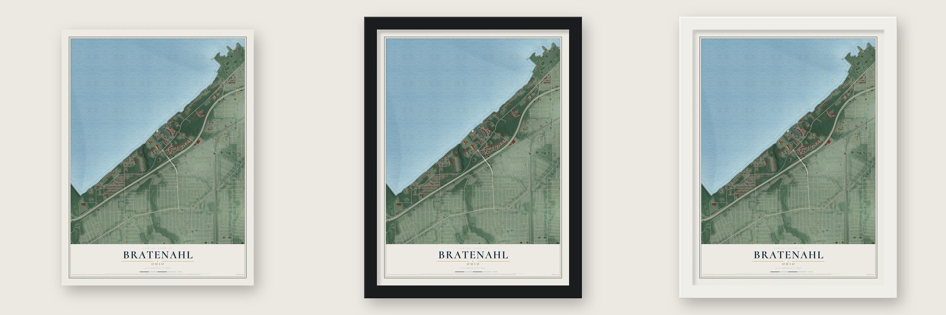Bratenahl, Ohio map unframed, in a black wood frame and in a white wood frame