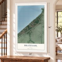 Bratenahl, Ohio map, 24 x 36 inch print in a white frame by a staircase