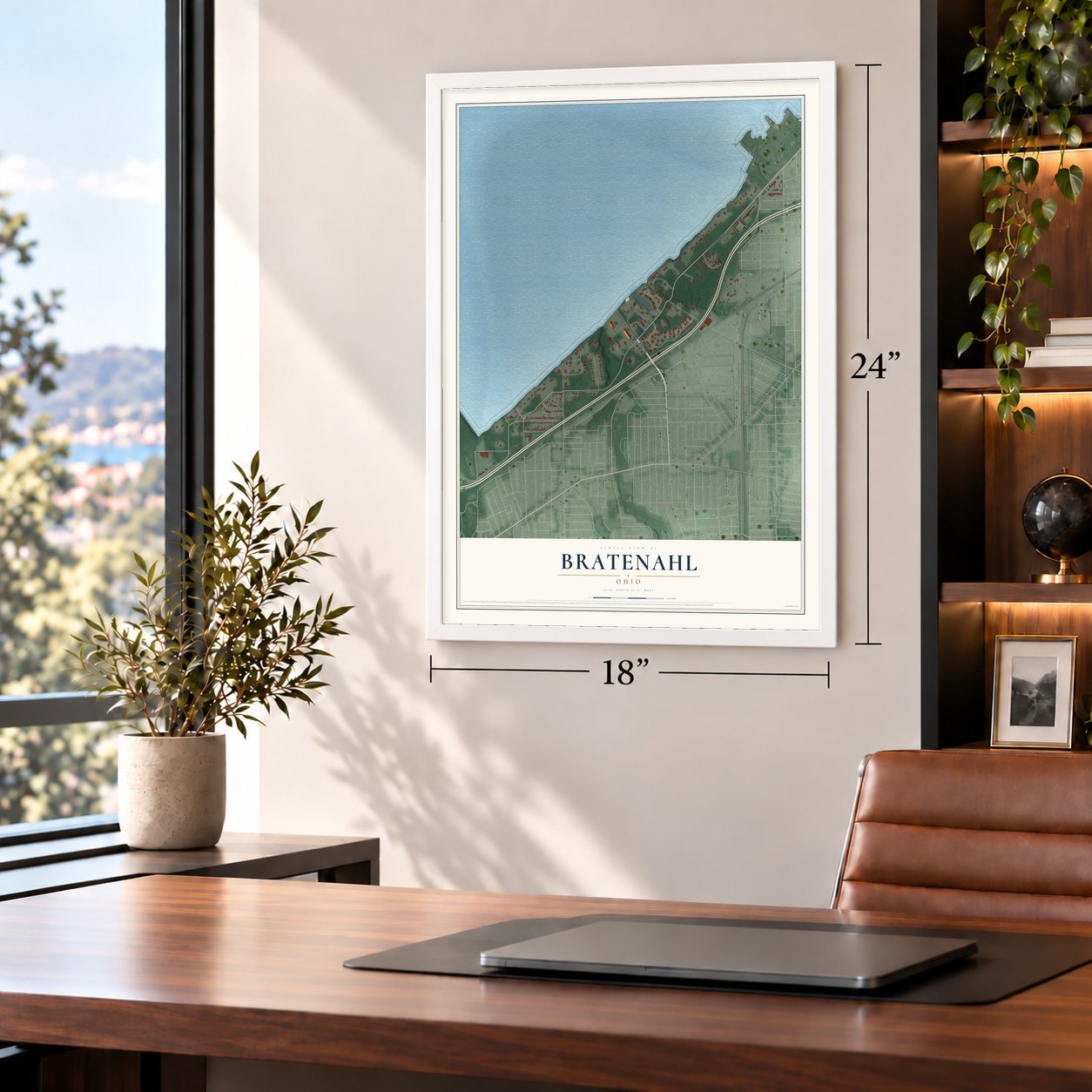 Bratenahl, Ohio map, 18 x 24 inch print in a white frame in a home office