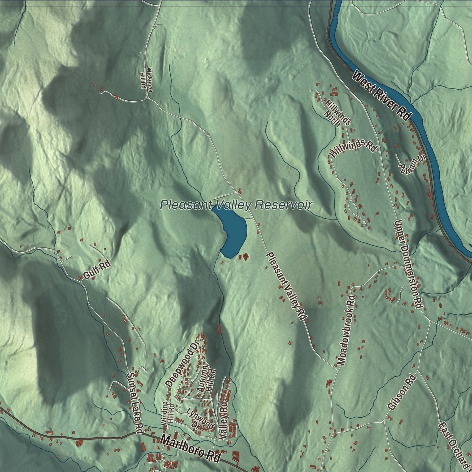 Close-up of the map of Brattleboro, Vermont print showing terrain and local geography