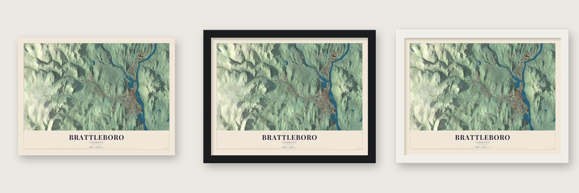 Brattleboro, Vermont map unframed, in a black wood frame and in a white wood frame