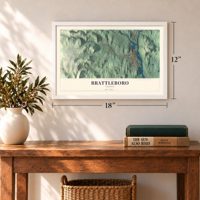 Brattleboro, Vermont map, 12 x 18 inch print in a white frame in an entryway