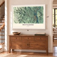 Brattleboro, Vermont map, 24 x 36 inch print in a white frame above a dresser by a staircase