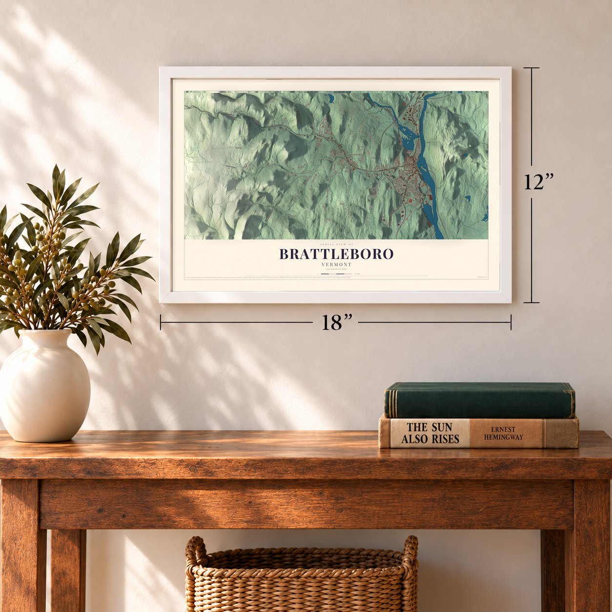 Brattleboro, Vermont map, 12 x 18 inch print in a white frame in an entryway