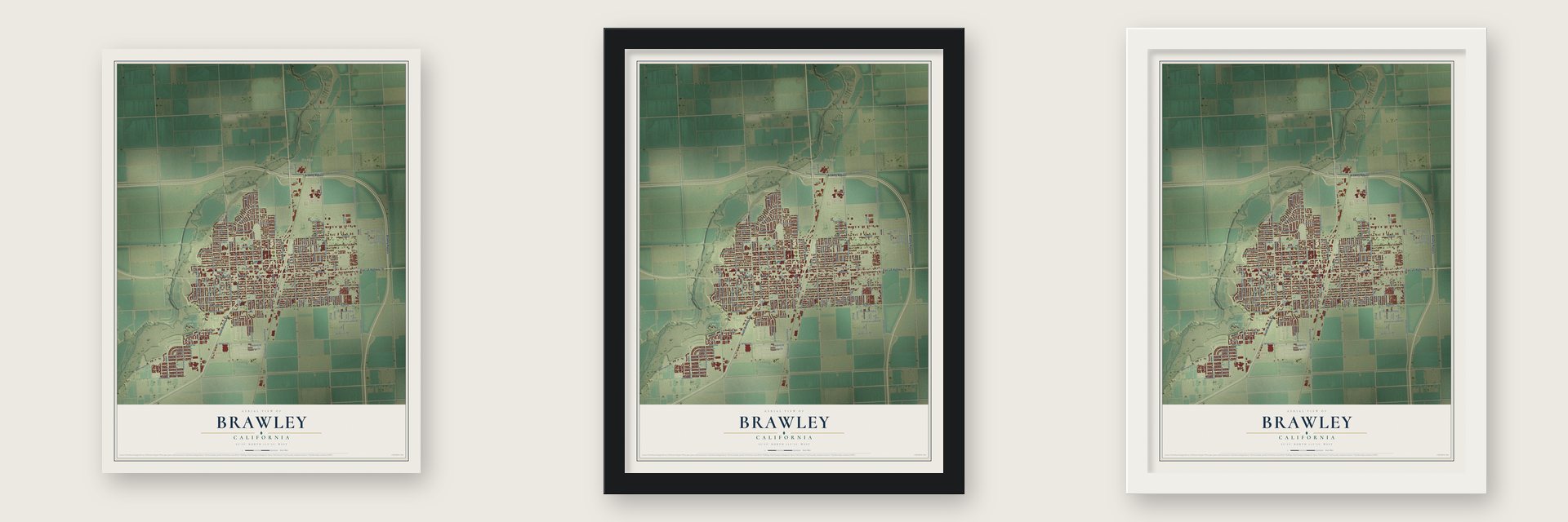 Brawley, California map unframed, in a black wood frame and in a white wood frame