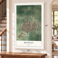 Brawley, California map, 24 x 36 inch print in a white frame by a staircase