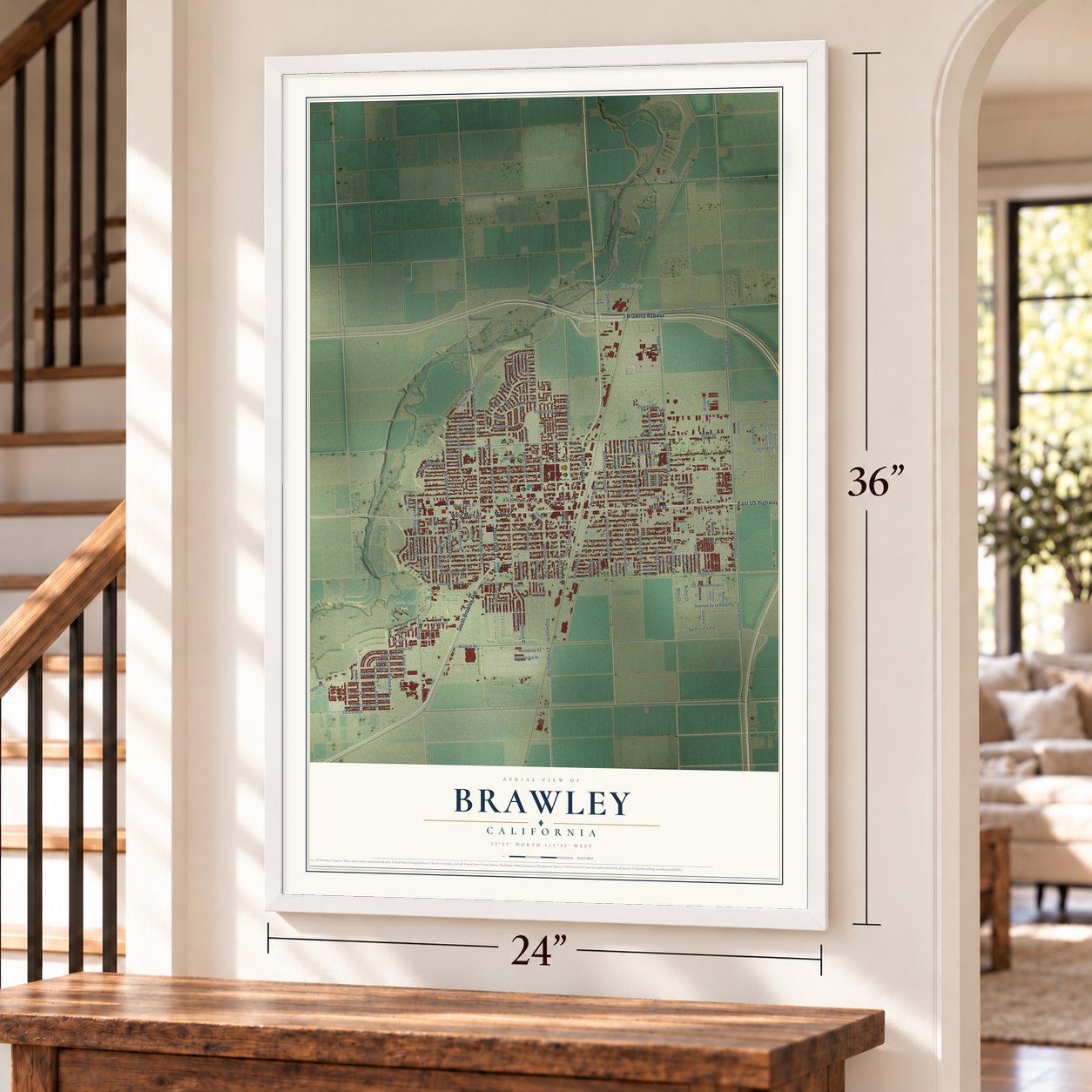 Brawley, California map, 24 x 36 inch print in a white frame by a staircase