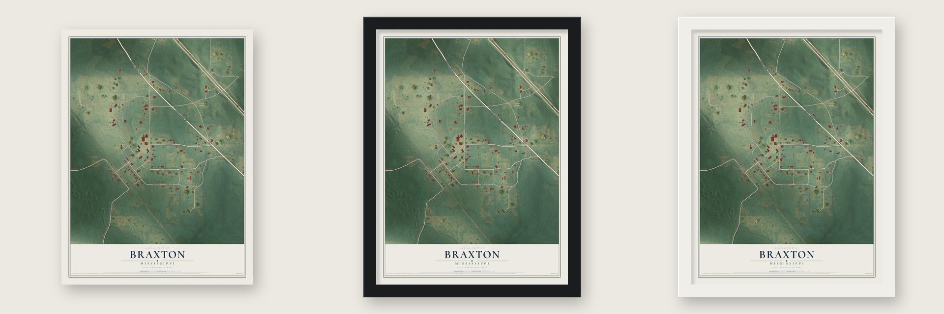 Braxton, Mississippi map unframed, in a black wood frame and in a white wood frame