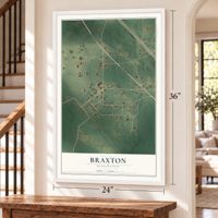 Braxton, Mississippi map, 24 x 36 inch print in a white frame by a staircase