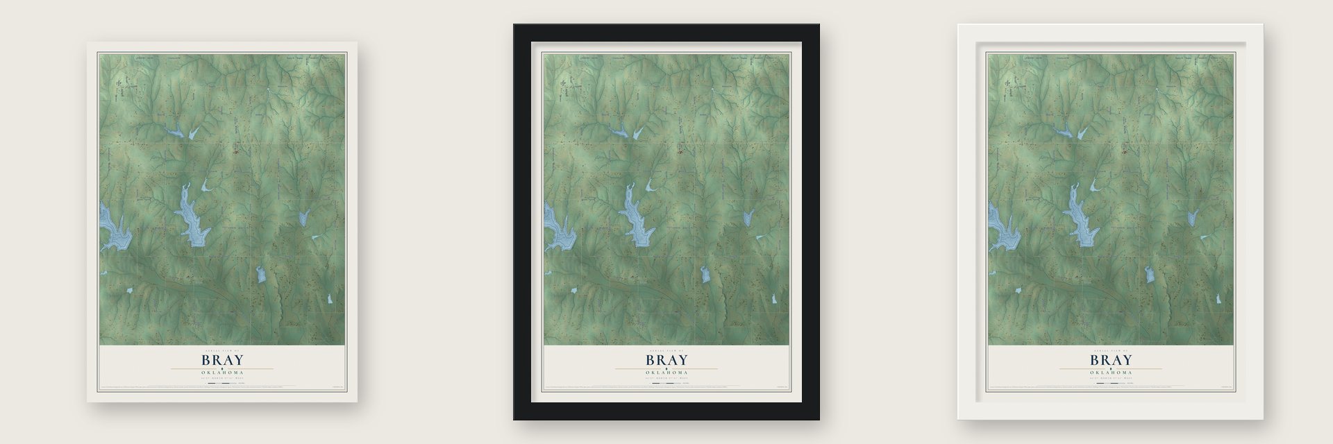 Bray, Oklahoma map unframed, in a black wood frame and in a white wood frame