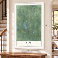 Bray, Oklahoma map, 24 x 36 inch print in a white frame by a staircase