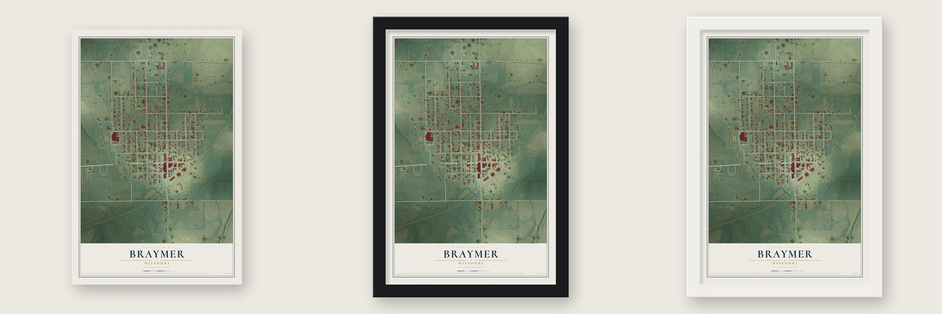 Braymer, Missouri map unframed, in a black wood frame and in a white wood frame
