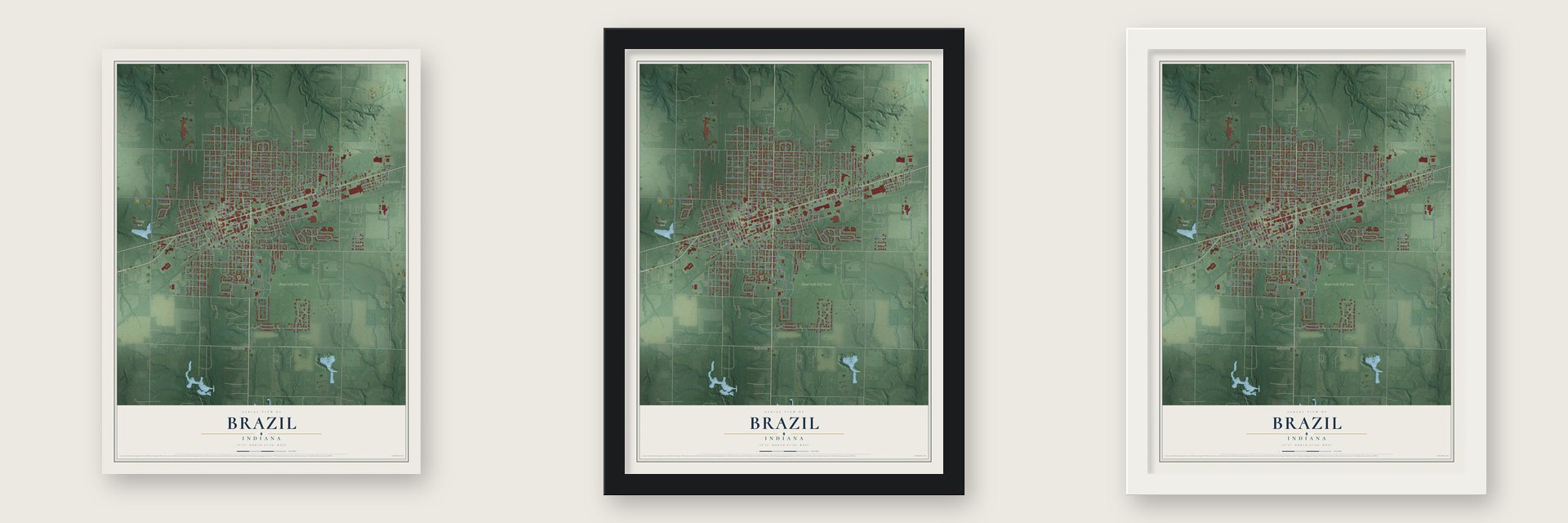 Brazil, Indiana map unframed, in a black wood frame and in a white wood frame