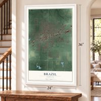 Brazil, Indiana map, 24 x 36 inch print in a white frame by a staircase