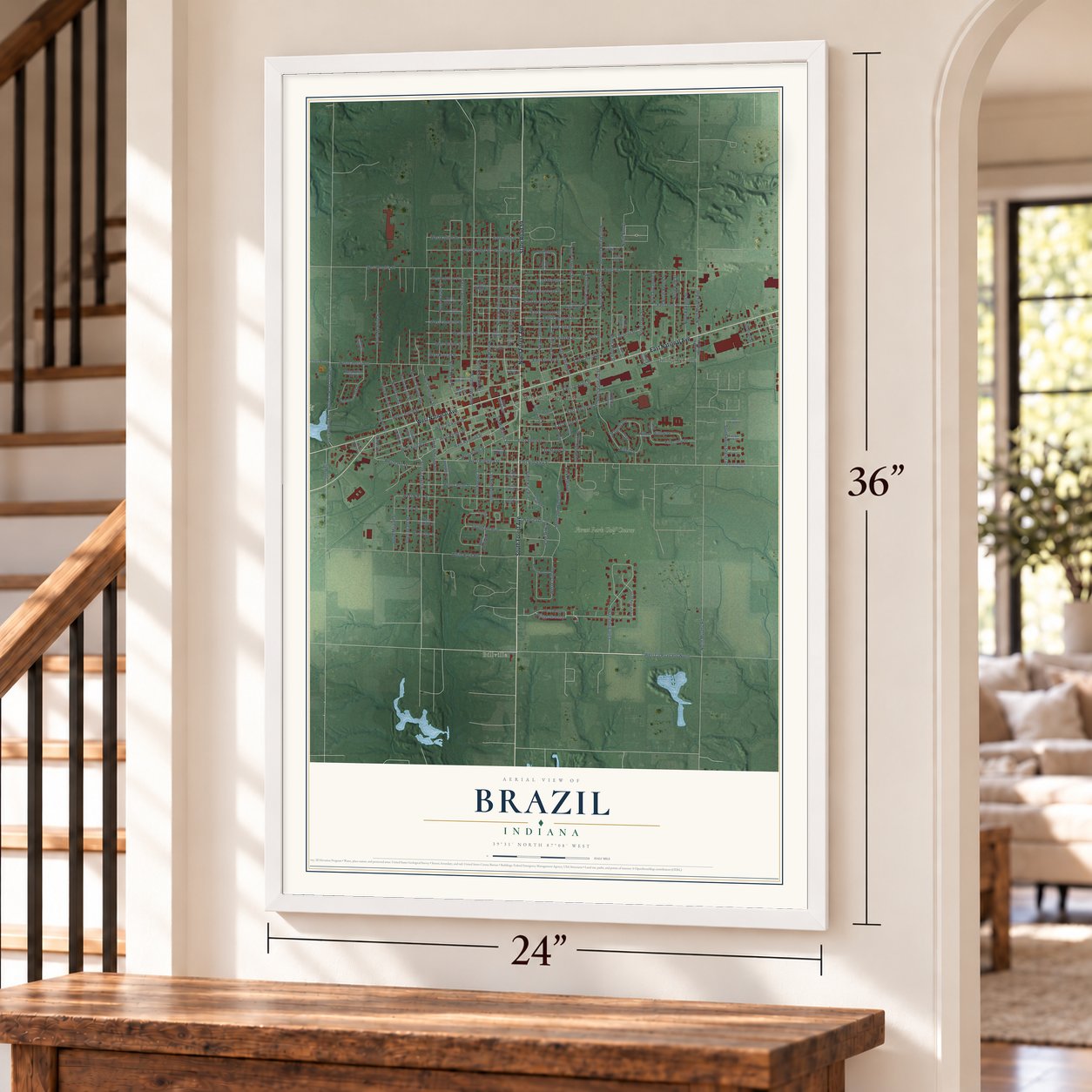 Brazil, Indiana map, 24 x 36 inch print in a white frame by a staircase