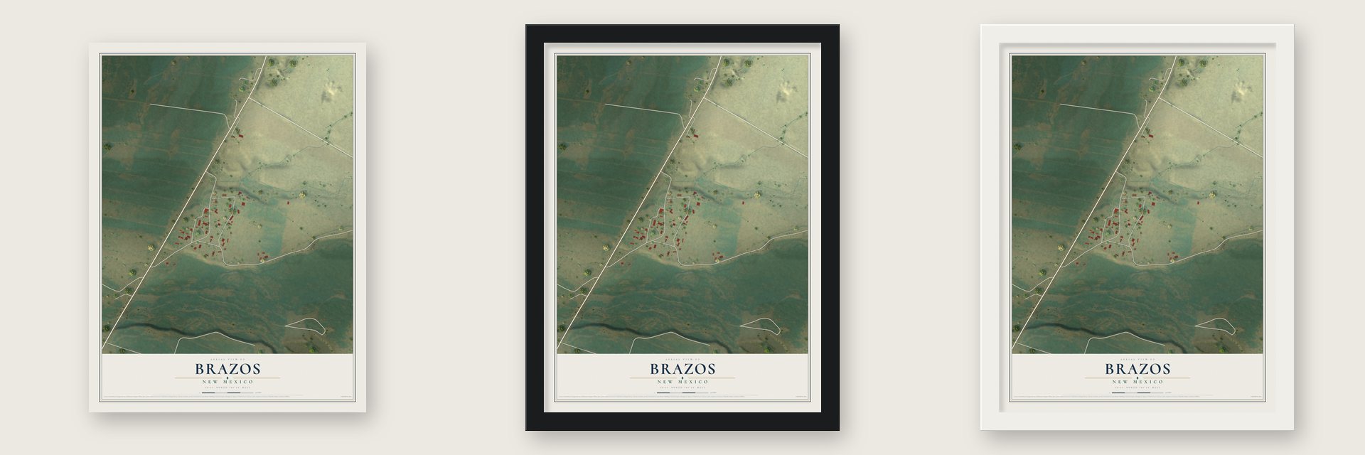 Brazos, New Mexico map unframed, in a black wood frame and in a white wood frame