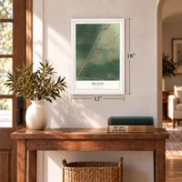 Brazos, New Mexico map, 12 x 18 inch print in a white frame in an entryway
