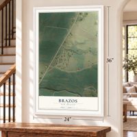 Brazos, New Mexico map, 24 x 36 inch print in a white frame by a staircase