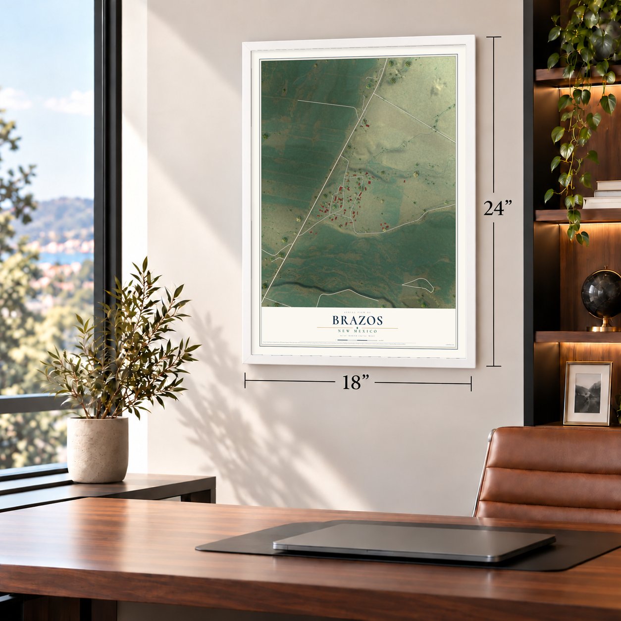 Brazos, New Mexico map, 18 x 24 inch print in a white frame in a home office