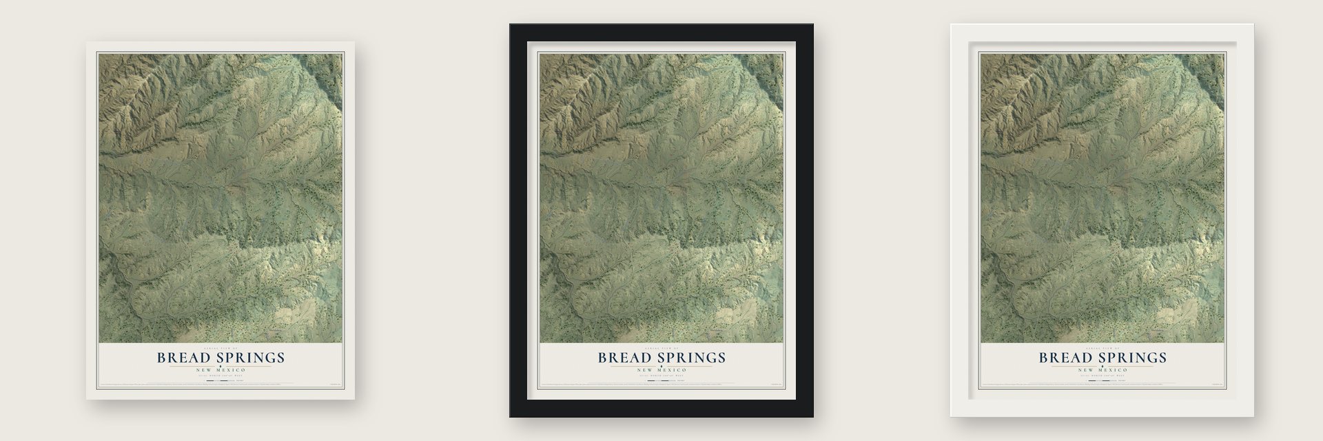 Bread Springs, New Mexico map unframed, in a black wood frame and in a white wood frame