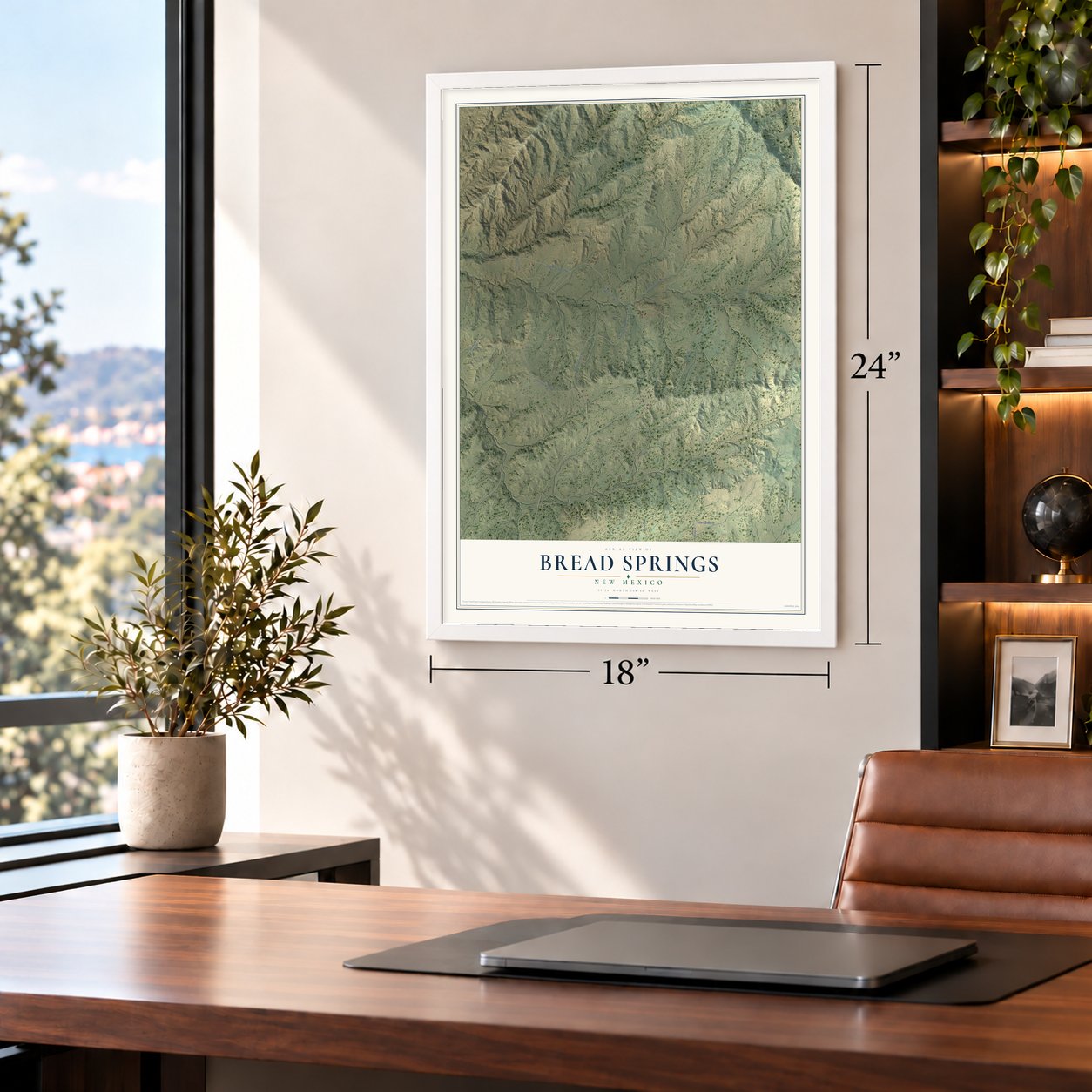 Bread Springs, New Mexico map, 18 x 24 inch print in a white frame in a home office