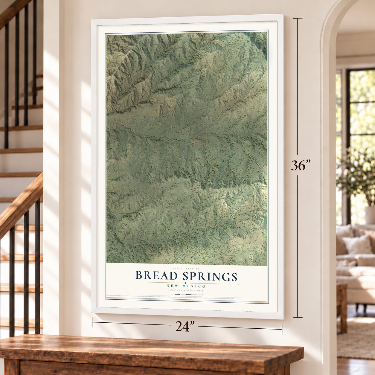 Bread Springs, New Mexico map, 24 x 36 inch print in a white frame by a staircase