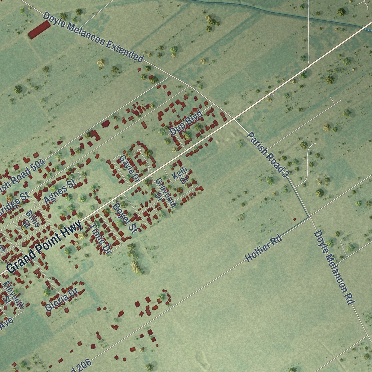 Second close-up of the map of Breaux Bridge, Louisiana print showing more streets and buildings