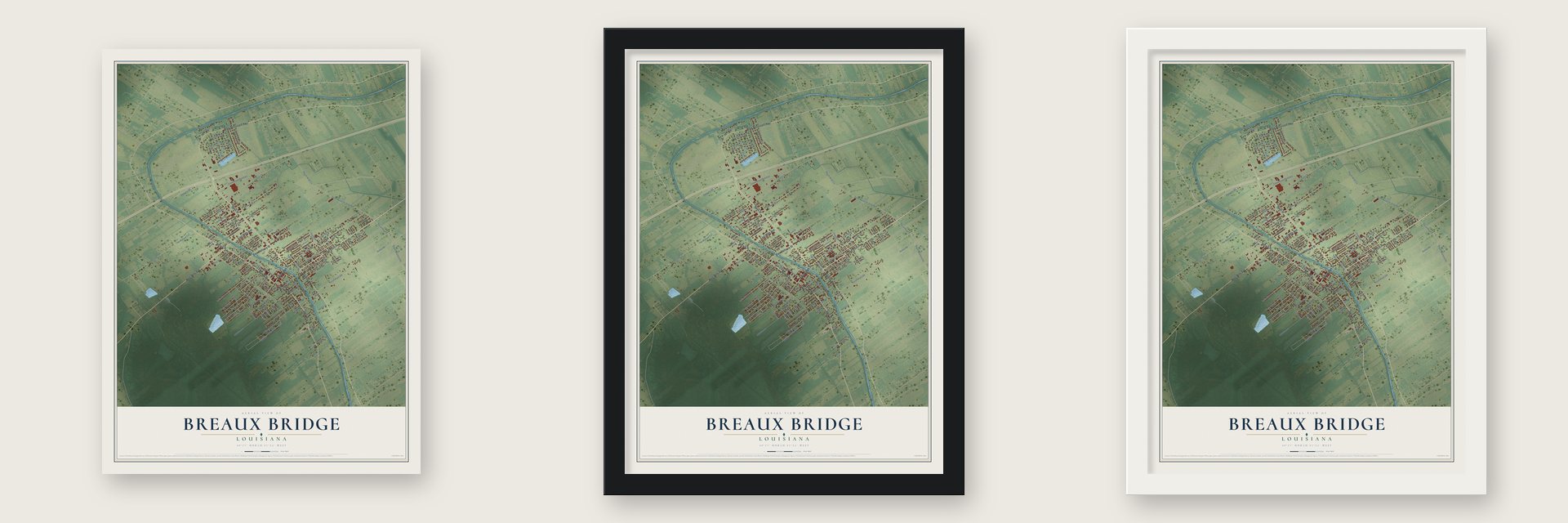 Breaux Bridge, Louisiana map unframed, in a black wood frame and in a white wood frame
