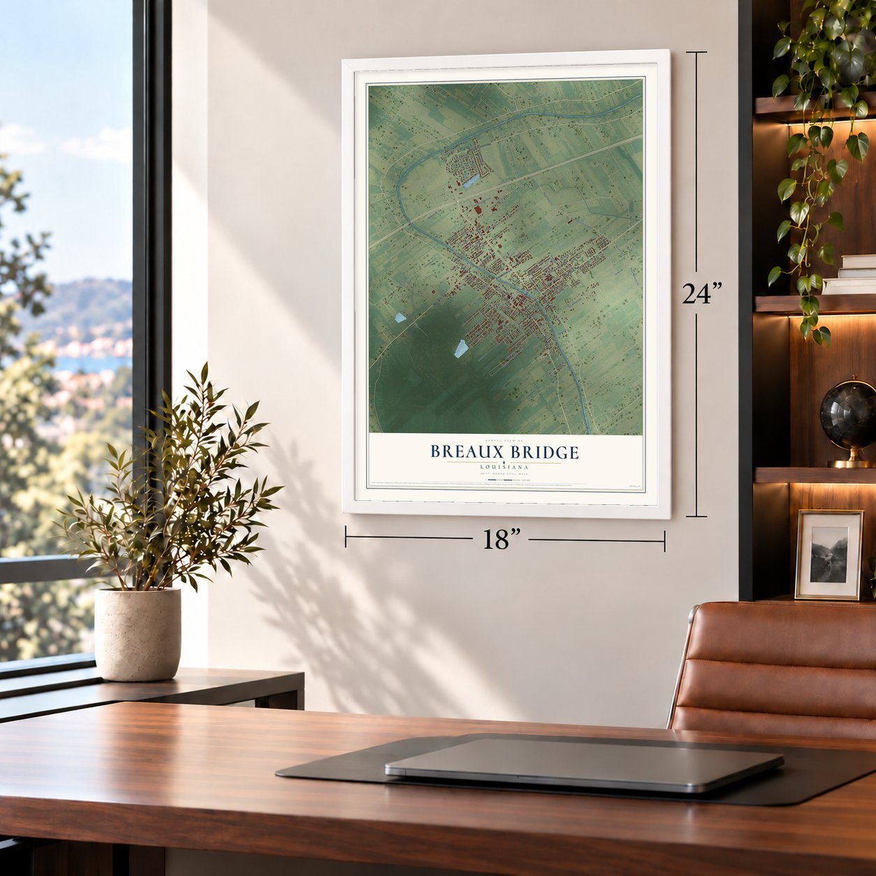 Breaux Bridge, Louisiana map, 18 x 24 inch print in a white frame in a home office
