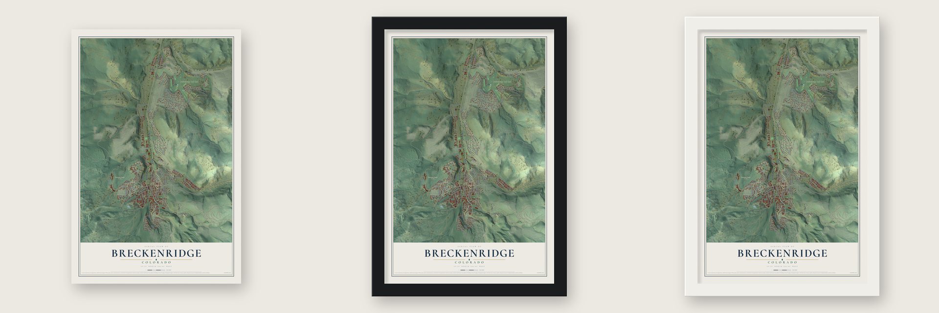 Breckenridge, Colorado map unframed, in a black wood frame and in a white wood frame