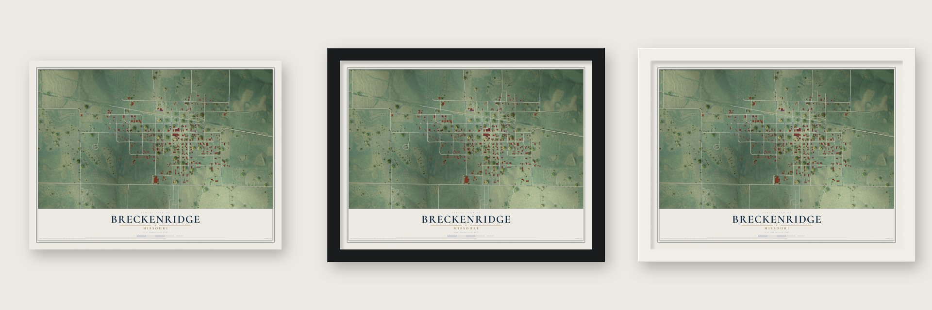 Breckenridge, Missouri map unframed, in a black wood frame and in a white wood frame