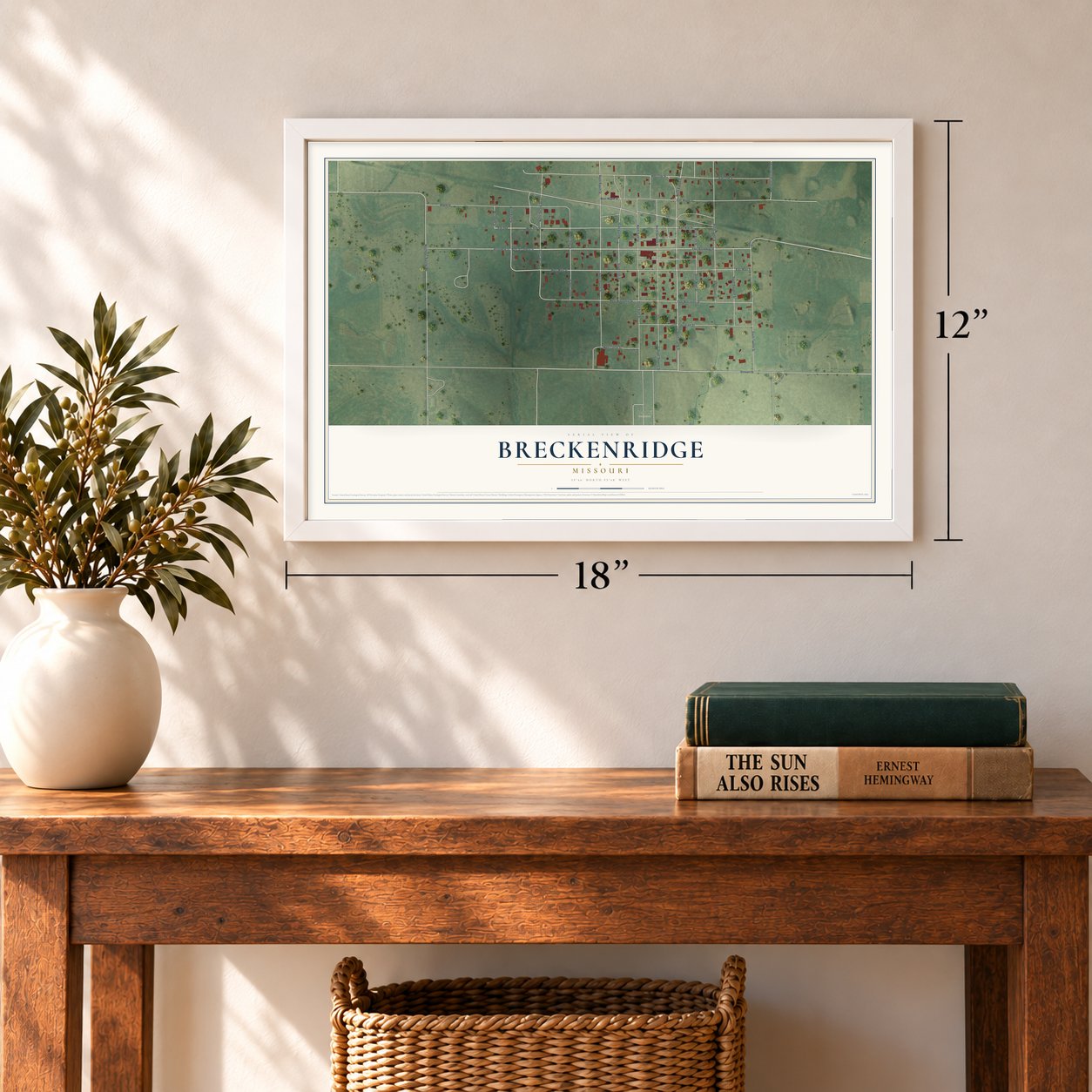 Breckenridge, Missouri map, 12 x 18 inch print in a white frame in an entryway