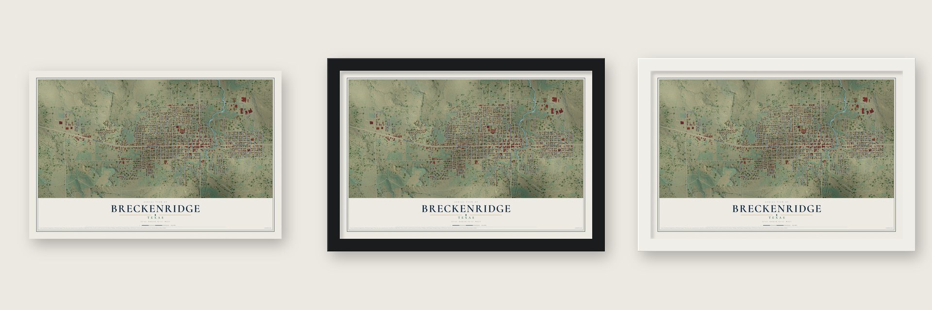 Breckenridge, Texas map unframed, in a black wood frame and in a white wood frame