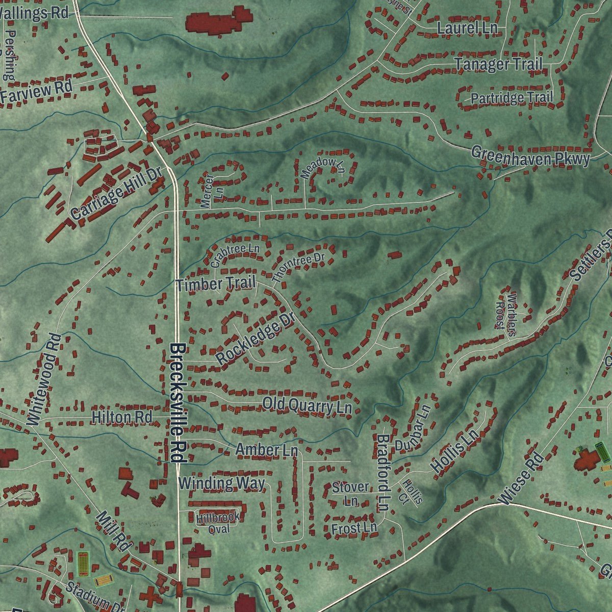 Second close-up of the map of Brecksville, Ohio print showing more streets and buildings