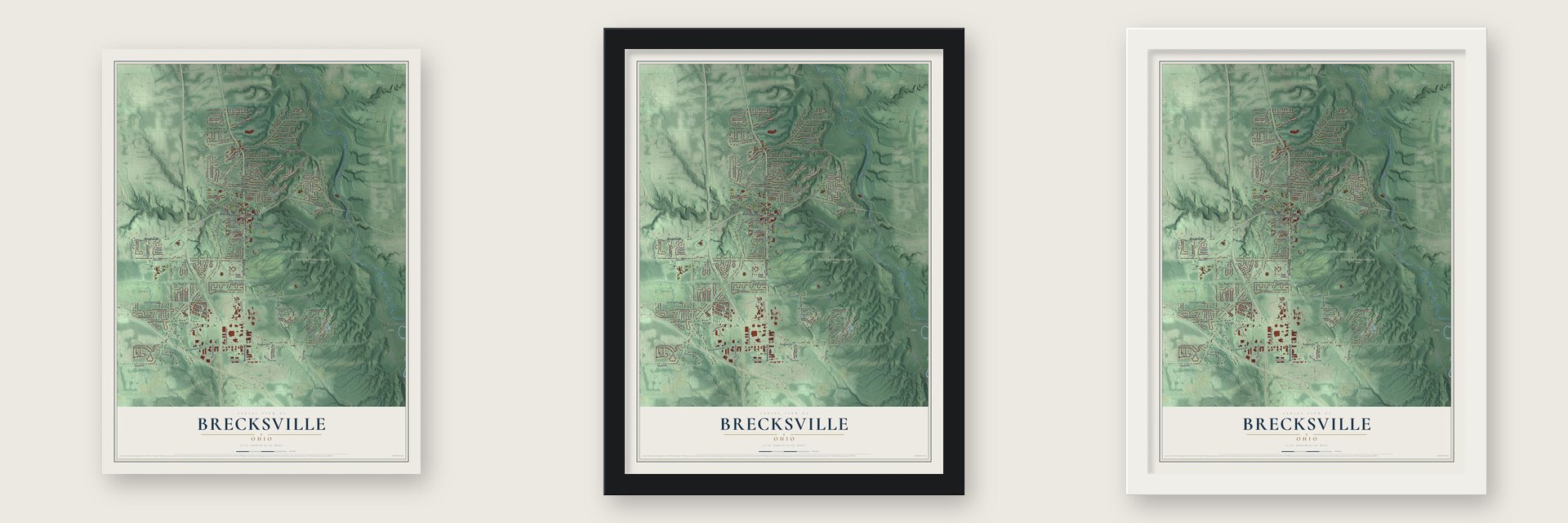 Brecksville, Ohio map unframed, in a black wood frame and in a white wood frame