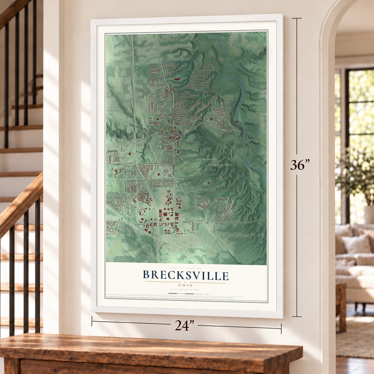 Brecksville, Ohio map, 24 x 36 inch print in a white frame by a staircase