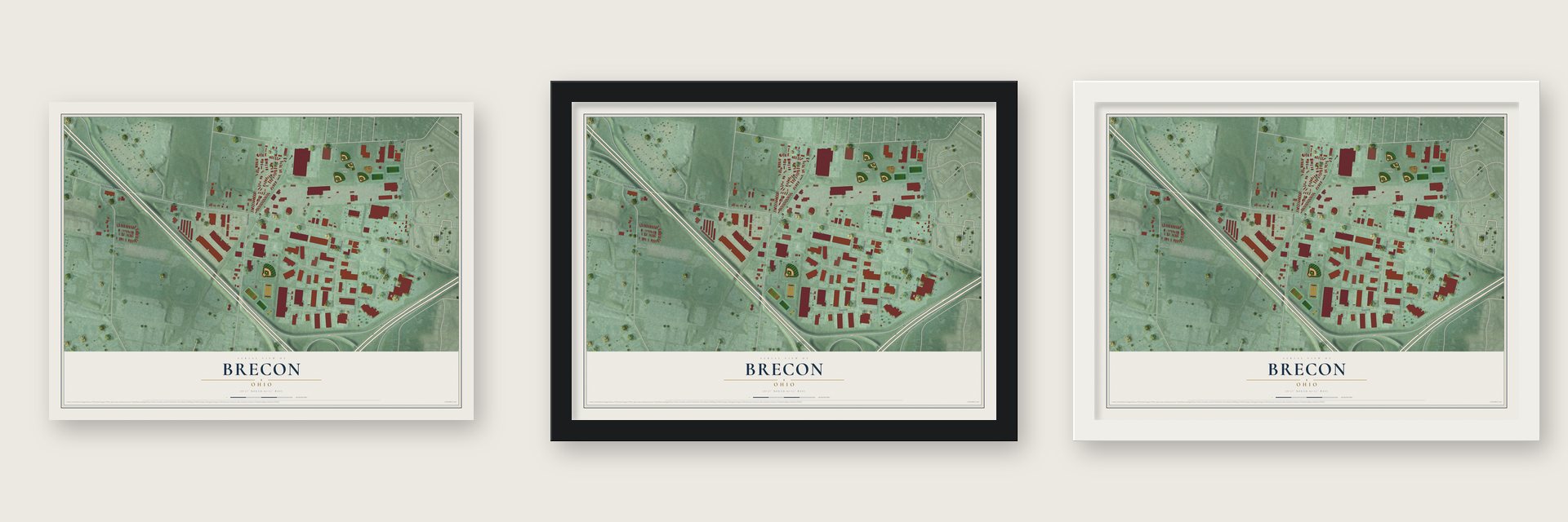 Brecon, Ohio map unframed, in a black wood frame and in a white wood frame